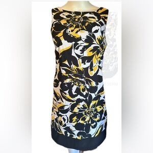 AGB Dress Sleeveless Black White Yellow Large Floral Pattern,60's Style, Size 10